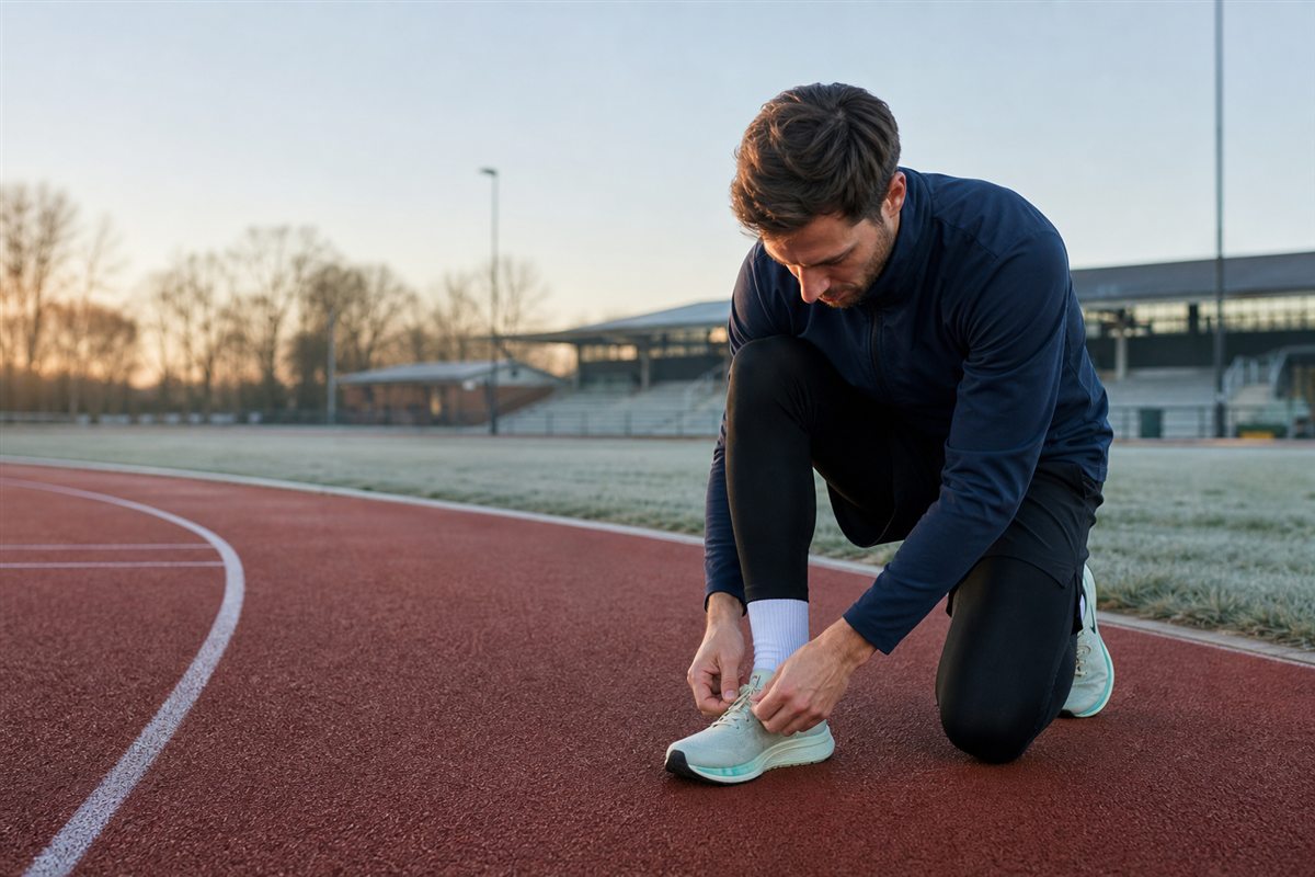 Hardloper strikt zijn mintgroene schoen op een atletiekbaan in de vroege ochtend